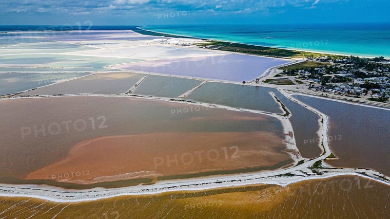 Aerial of the colourful salinas of Las Coloradas, Yucatan