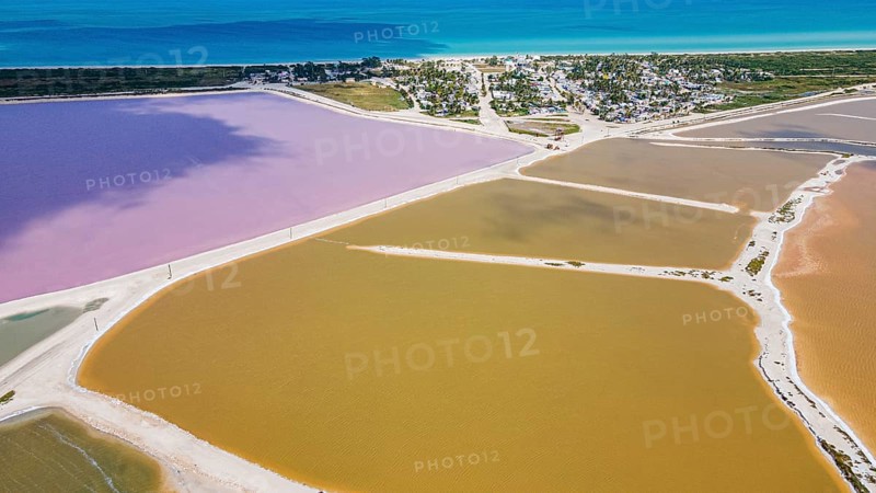 Aerial of the colourful salinas of Las Coloradas, Yucatan