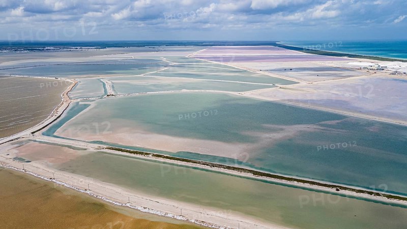 Aerial of the colourful salinas of Las Coloradas, Yucatan