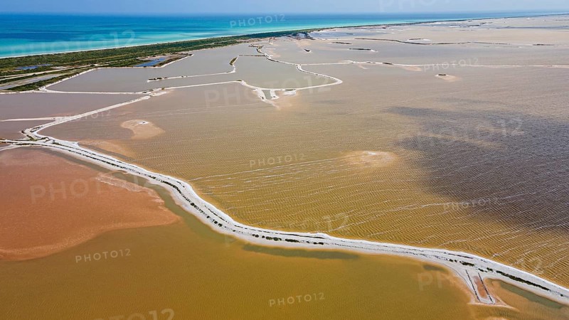 Aerial of the colourful salinas of Las Coloradas, Yucatan