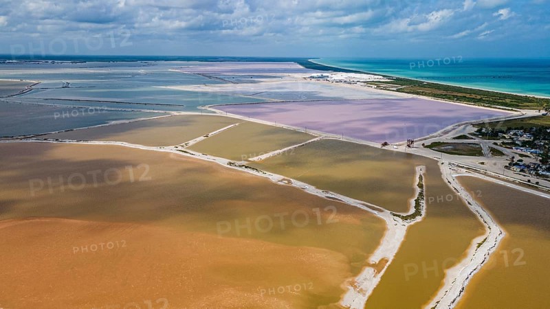 Aerial of the colourful salinas of Las Coloradas, Yucatan