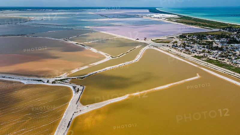 Aerial of the colourful salinas of Las Coloradas, Yucatan