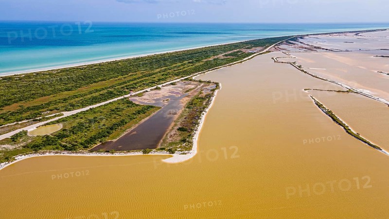 Aerial of the colourful salinas of Las Coloradas, Yucatan