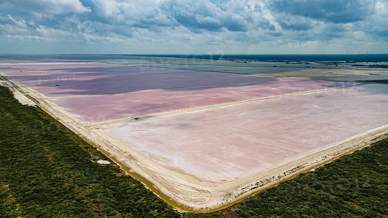 Aerial of the colourful salinas of Las Coloradas, Yucatan