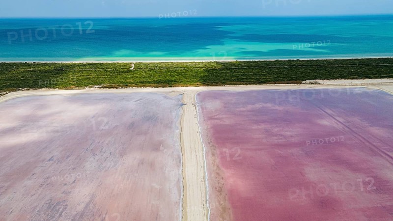 Aerial of the colourful salinas of Las Coloradas, Yucatan