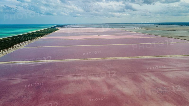 Aerial of the colourful salinas of Las Coloradas, Yucatan