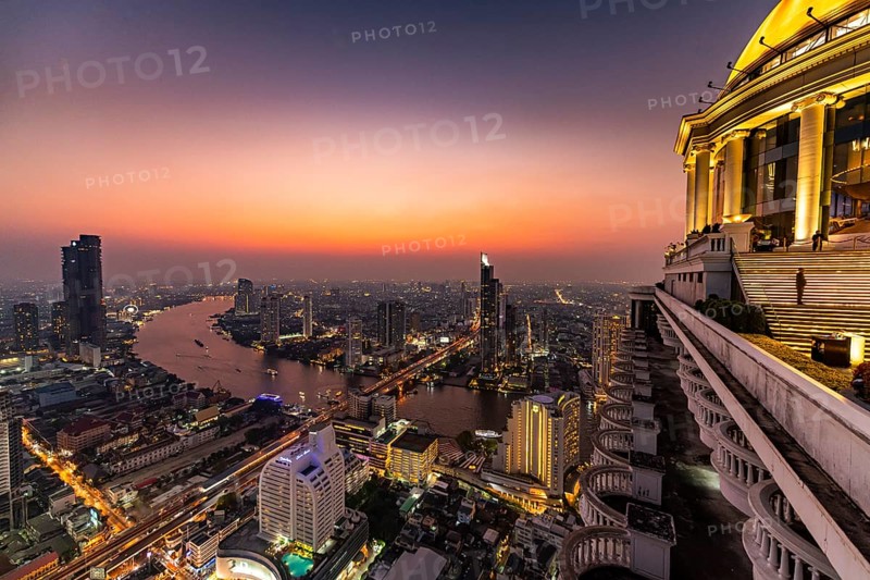 Nightshot from Bangkok and the Chao Phraya River with the dome of Lebua tower, Bangkok