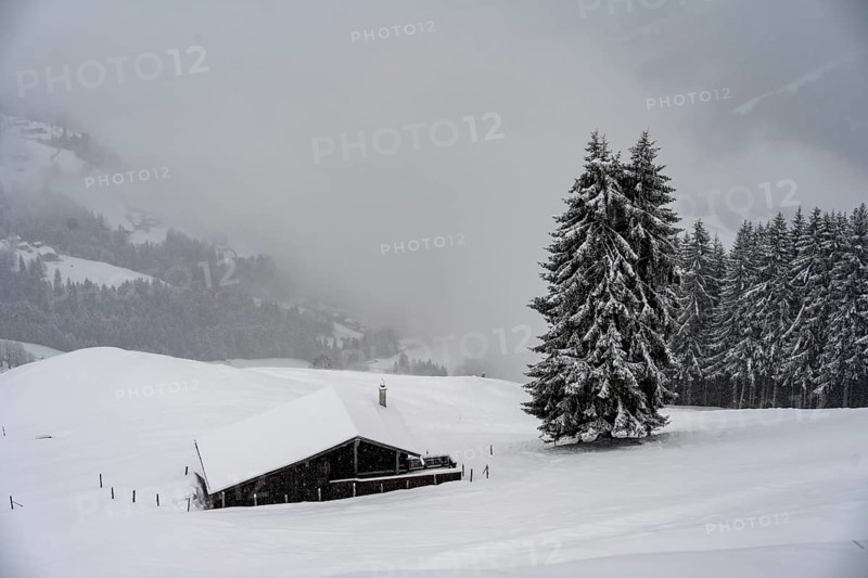 snowfall, mountain hut in the snow