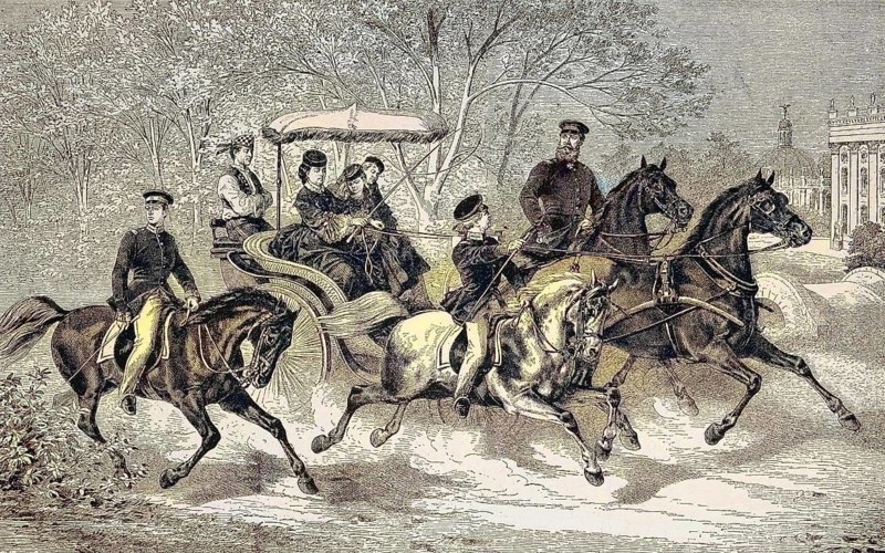 Crown Prince Frederick William with his family on a ride with horses and carriage, Germany