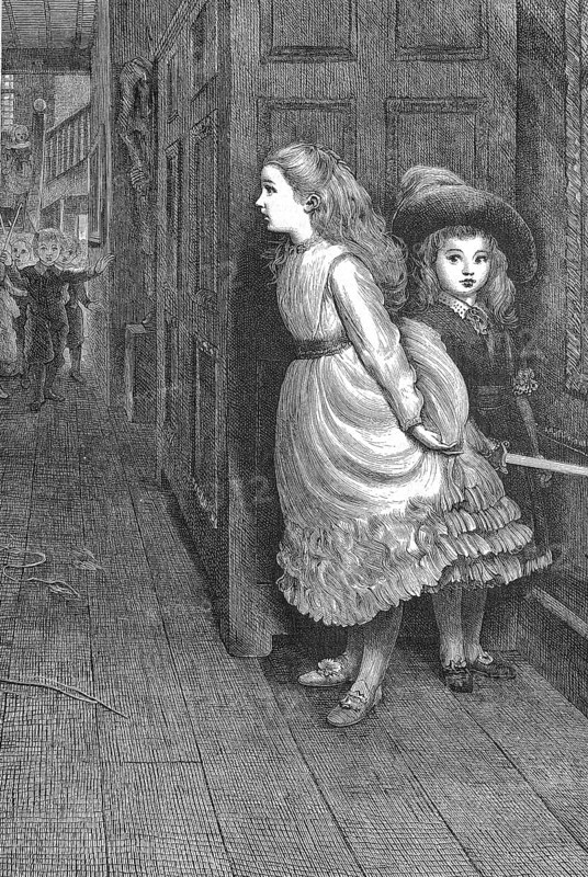 Children in disguise playing hide and seek, Historic
