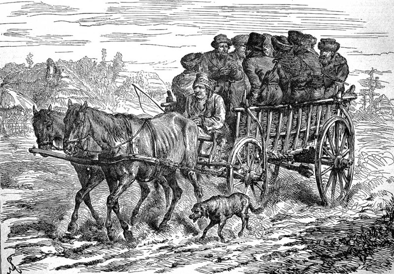 Jews riding a horse-drawn carriage to market,1880