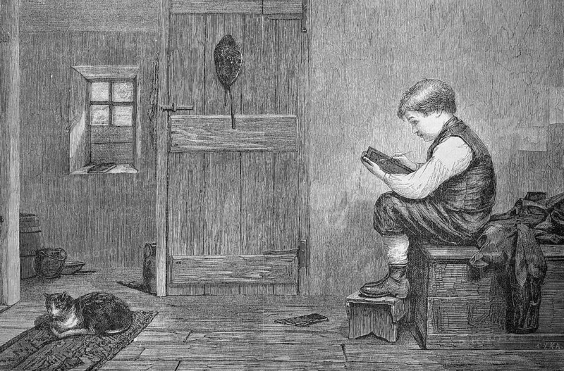 Boy drawing a likeness of his cat on his blackboard, Historic