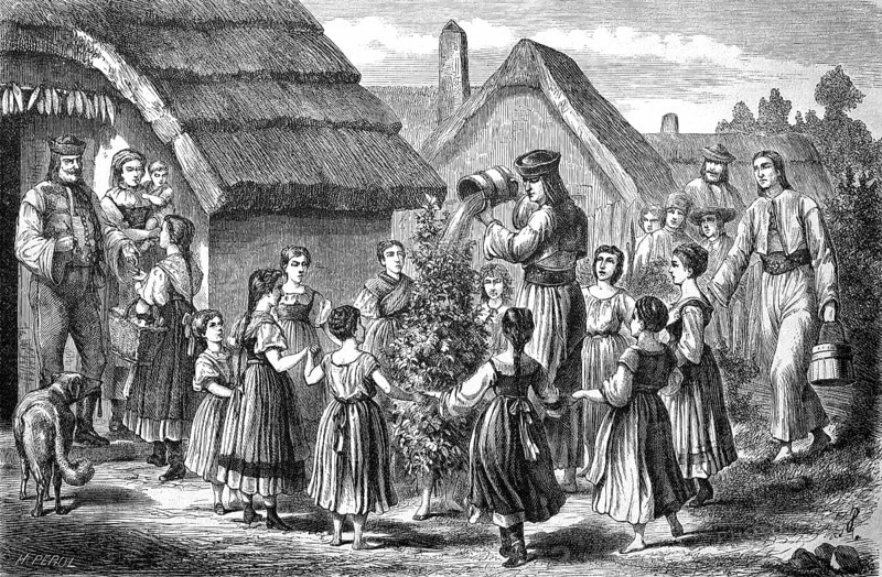 The custom of the Dodolo or Rain Girl from Romania, during a long drought a girl wraps herself in green brushwood and is doused with water by the master of the house