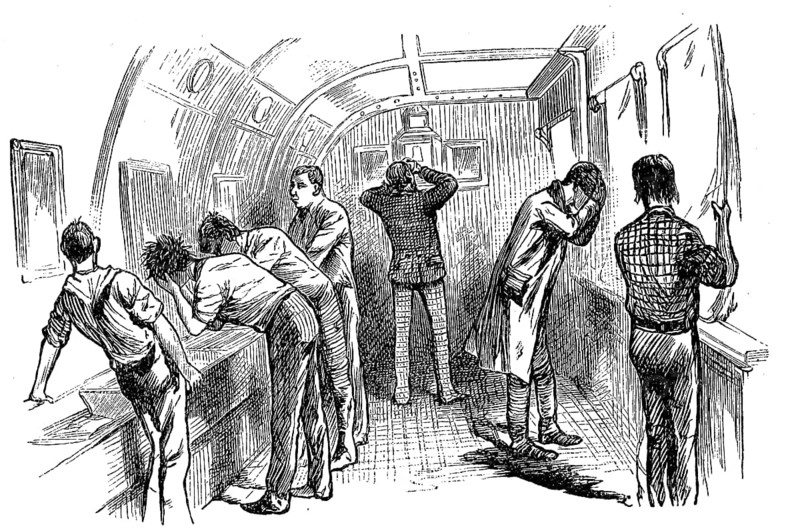 Scene on an English emigrant ship, here the washroom