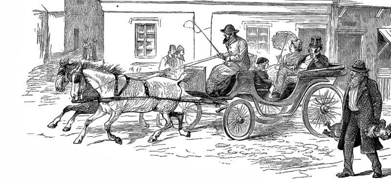 Travelling by horse-drawn carriage, distinguished couple on their way to town