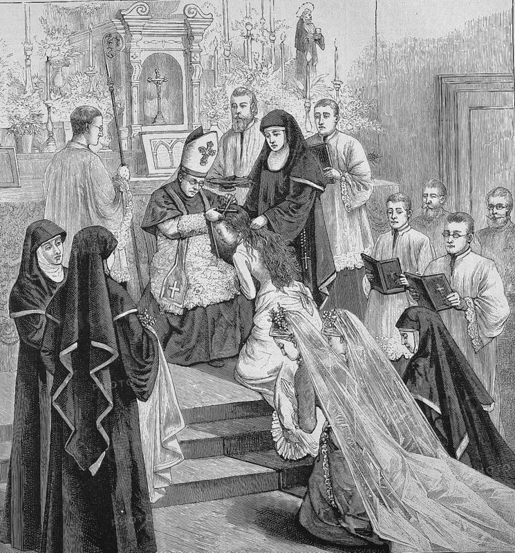 Dressing and haircutting of the new nuns in the order of Benedictine nuns,1880