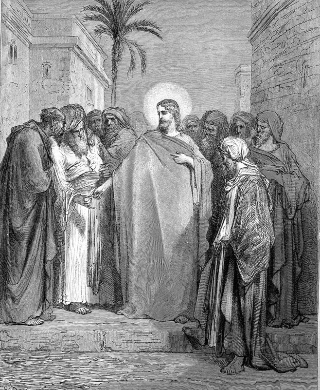 Biblical scene in Jerusalem, Jesus Christ gives the interest groschen