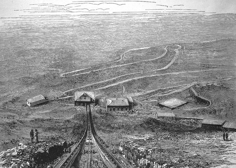 The cable railway up the crater of Vesuvius, Campania. View from the centre of the railway downwards to the roadway between the lower station and the observatory