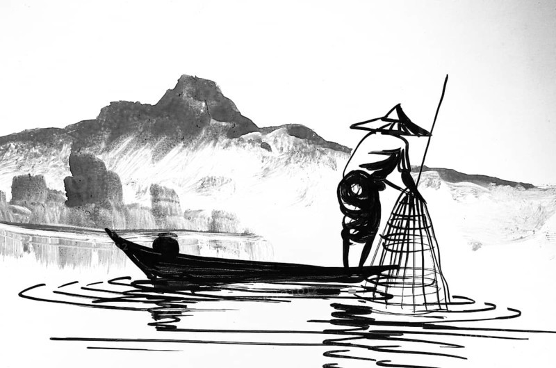 Fisherman on the Lake, Historic Landscape in Southeast Asia
