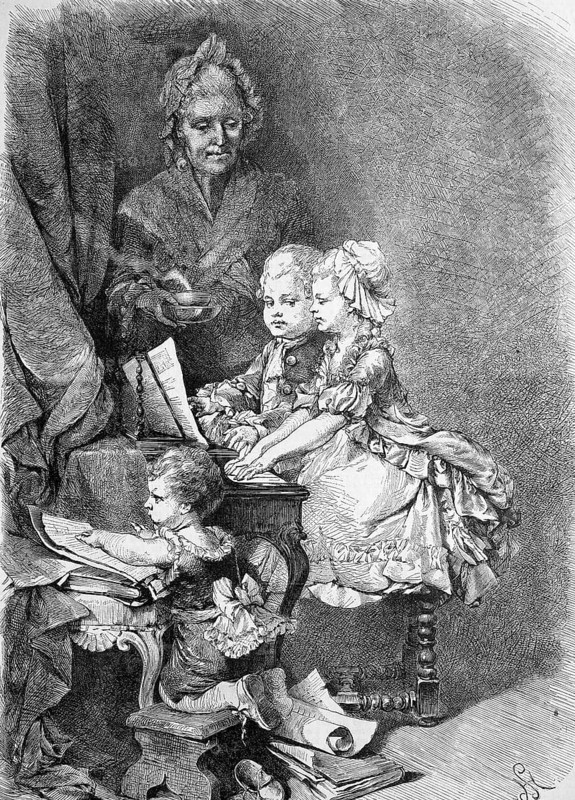 Wolfgang Amadeus Mozart as a boy at the piano, with his sister and a piano teacher