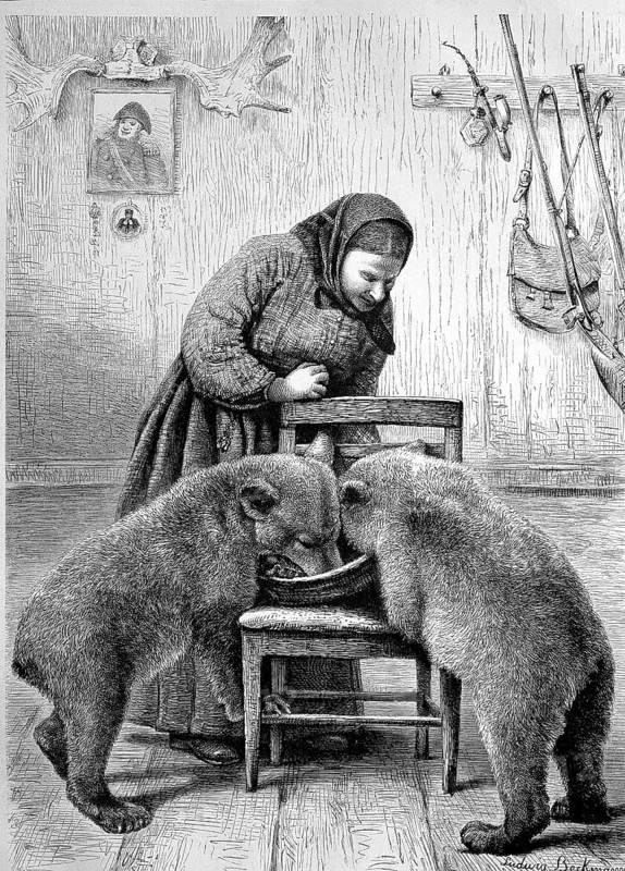Farmer woman feeding two young bears she raised as orphans Norway, Historic