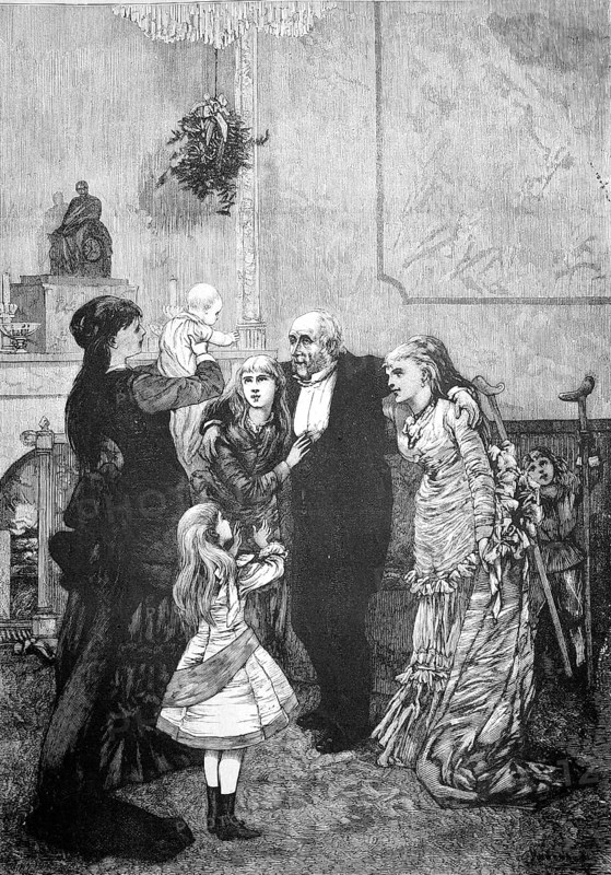 The great-grandfather is presented with the family offspring. He leans on his grandchildren, a child holds his crutches in the background