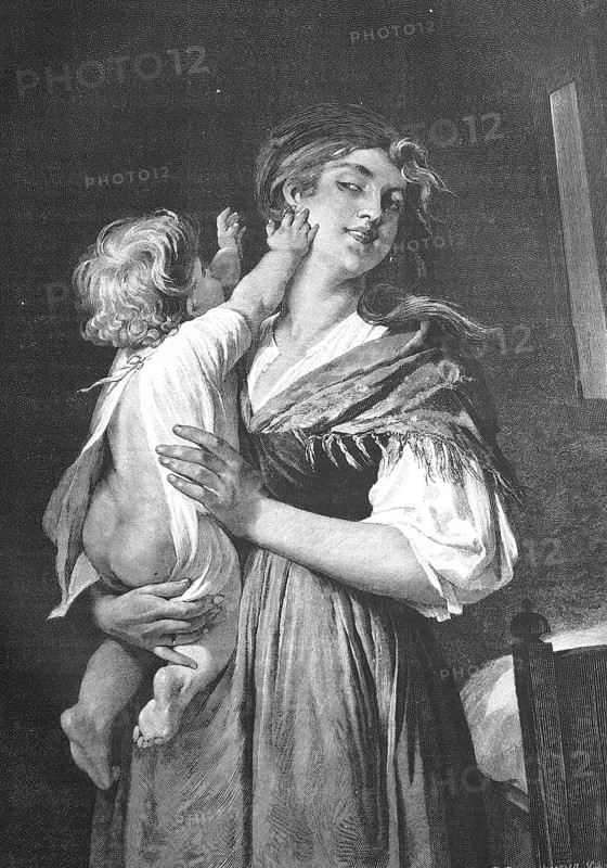 Young mother holding her youngest in her arms to put him to bed, Historisch