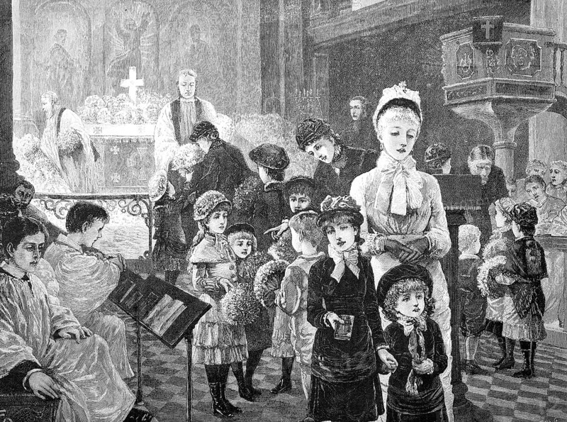 A church flower celebration in May, with children holding a bouquet of flowers