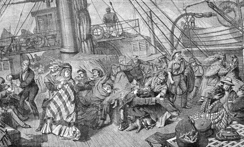 Fine company on the high seas has been surprised by a storm during a boat trip, Historisch