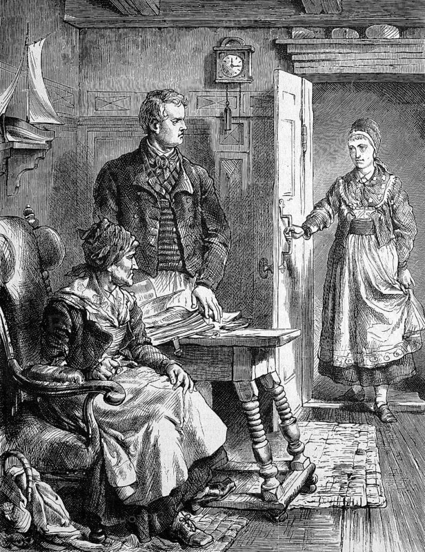 Woman comes in the door and disturbs a couple looking for something in a pile of papers, Historisch