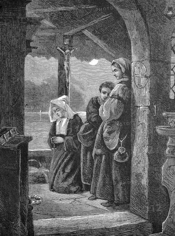 Praying woman in a small monastery chapel in Austria, digitally restored reproduction of an original 19th-century original