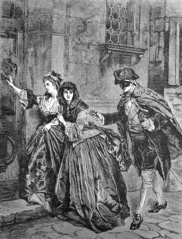 Two woman and a man walking home after the carnival ball,1880