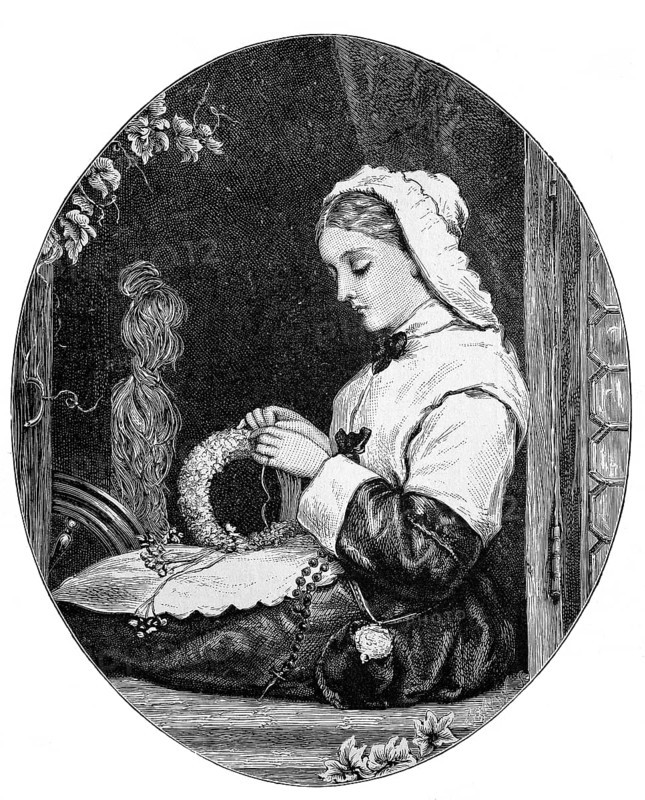 Woman making an immortelle wreath, a wreath of flowers with dry-skinned petals that do not wilt and therefore remain unchanged for a long time. Immortelle wreaths were mainly used as mourning decorations