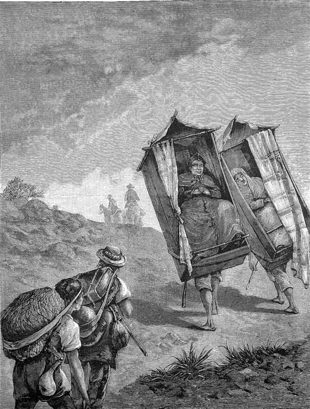 Journey of distinguished people in Central America, a priest and his housekeeper are carried in a palanquin by porters