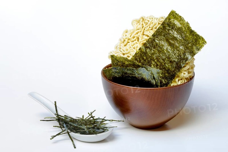 Nori, dried papery sheets of seaweed and Asian noodles in shells