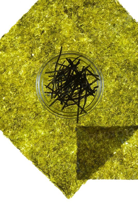 Nori, dried paper-like leaves made from seaweed