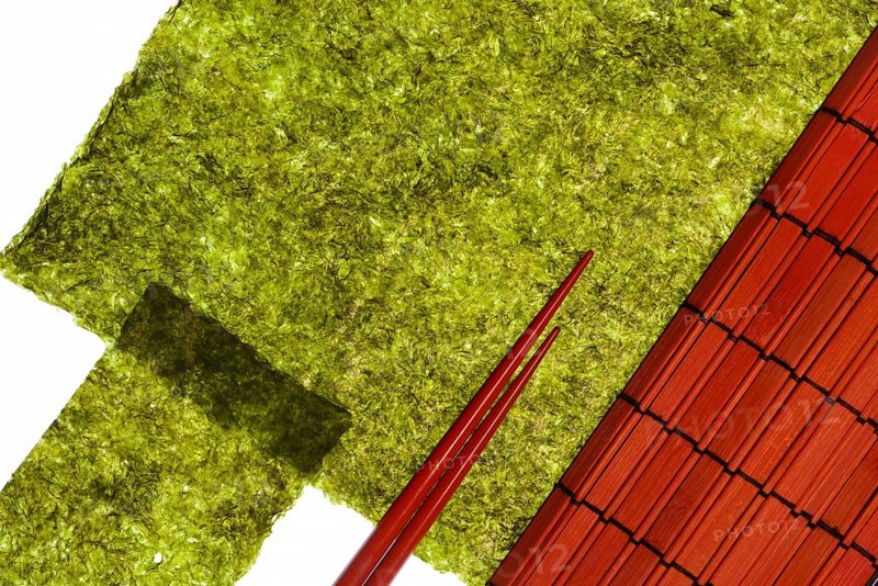Nori, dried paper-like leaves made from seaweed