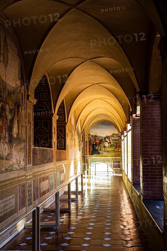 Monte Oliveto Maggiore Abbey, vaulted cloister with fresco scenes