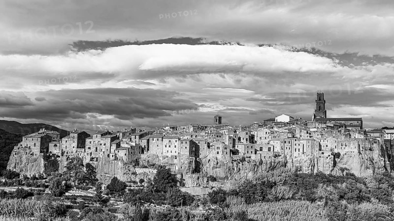 Panoramic view of the medieval town of Pitigliano, black and white photograph
