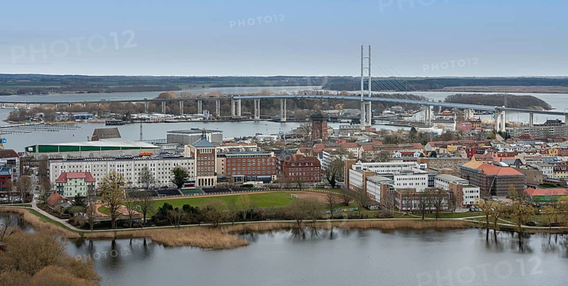 View from the Protestant Parish Church of St. Mary of the Old Town and the Ruegen Bridge of Stralsund, Mecklenburg-Western Pomerania