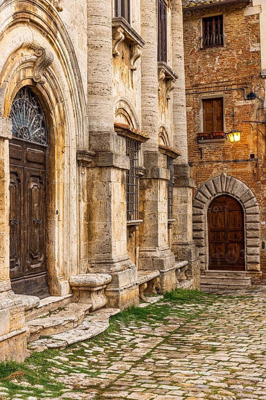 Entrances to houses in Piazza Grande, Montepulciano