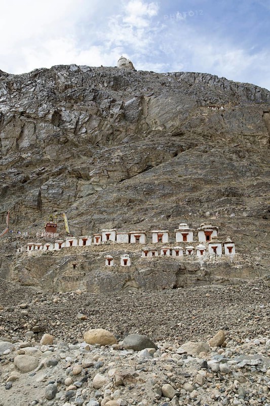 Small white stupa on the mountainside, Hunder Gompa