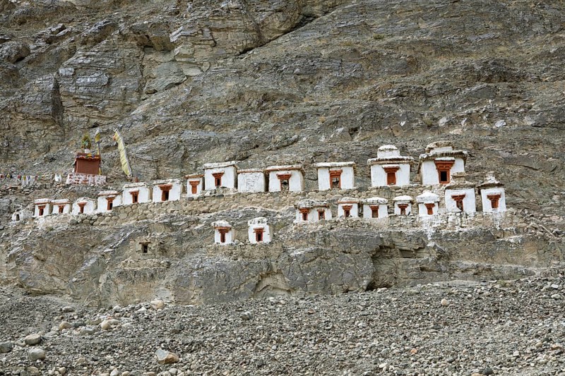 Small white stupa on the mountainside, Hunder Gompa