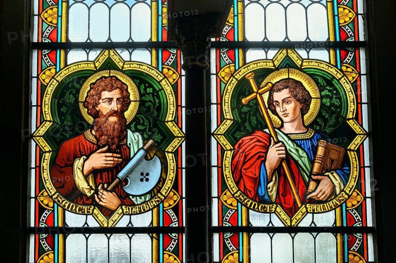 Colourful church window with St. Mathias and St. Philippus, Catholic Parish Church