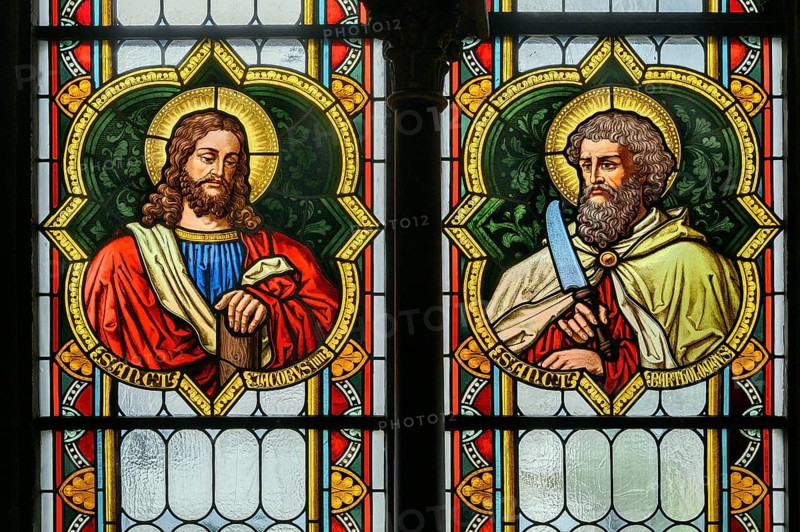 Colourful church window with St. James and St. Bartholomew, Catholic Parish Church