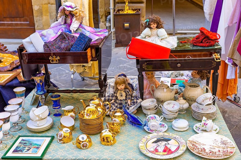Stalls at the antique market in the old town of Arezzo, Arezzo
