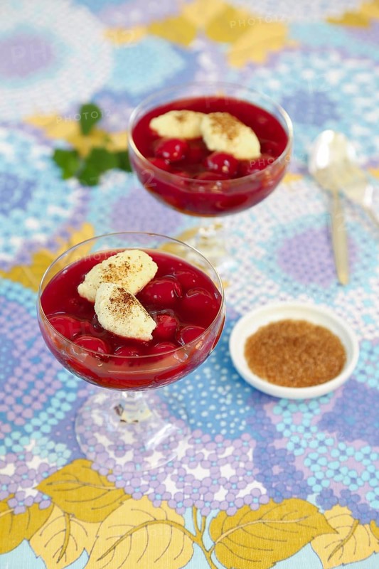 Swabian cuisine, sweet semolina dumplings with cherry compote