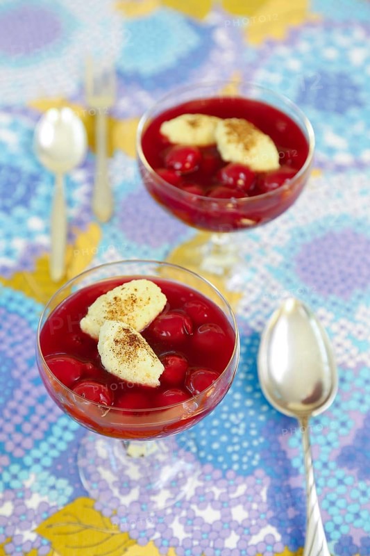 Swabian cuisine, sweet semolina dumplings with cherry compote