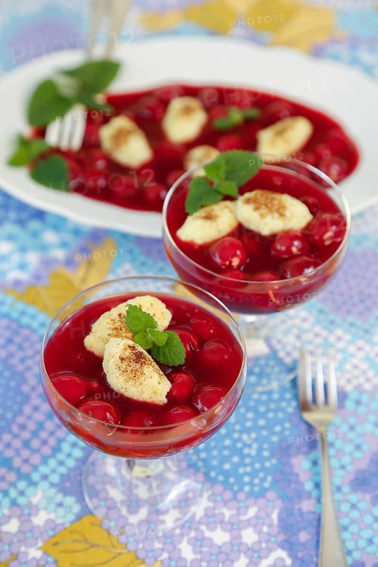 Swabian cuisine, sweet semolina dumplings with cherry compote