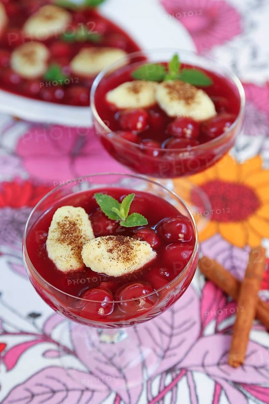 Swabian cuisine, sweet semolina dumplings with cherry compote